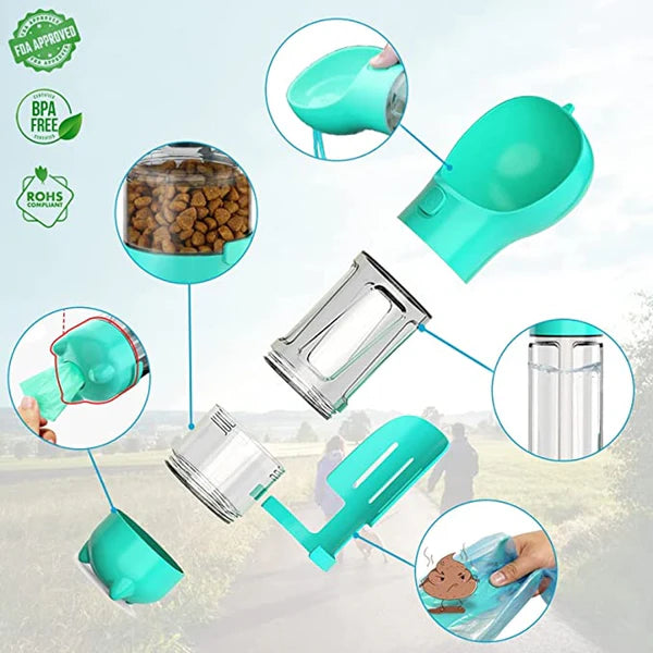Composants détachables de la gourde : abreuvoir, réservoir d'eau, distributeur de croquettes, pelle et sacs